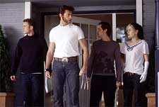 Shawn Ashmore as Iceman, Hugh Jackman as Logan, Aaron Stanford as Pyro and Anna Paquin as Rogue in 20th Century Fox's X2: X-Men United - 2003 